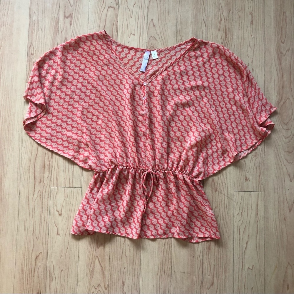 Alga sheer Henley babydoll orange patterned blouse
